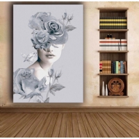 Simli Kanvas Dikdörtgen Tablo Çiçek Kafalı Kadın Sim İşlemeli