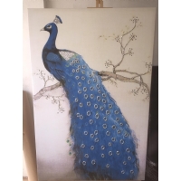 Gümüş Sim İşlemeli Mavi Tavus Kuşu Kanvas Tablo