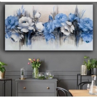 Yağlıboya Görünümlü Sim İşlemeli Mavi Çiçekler Panoramik Kanvas Tablo